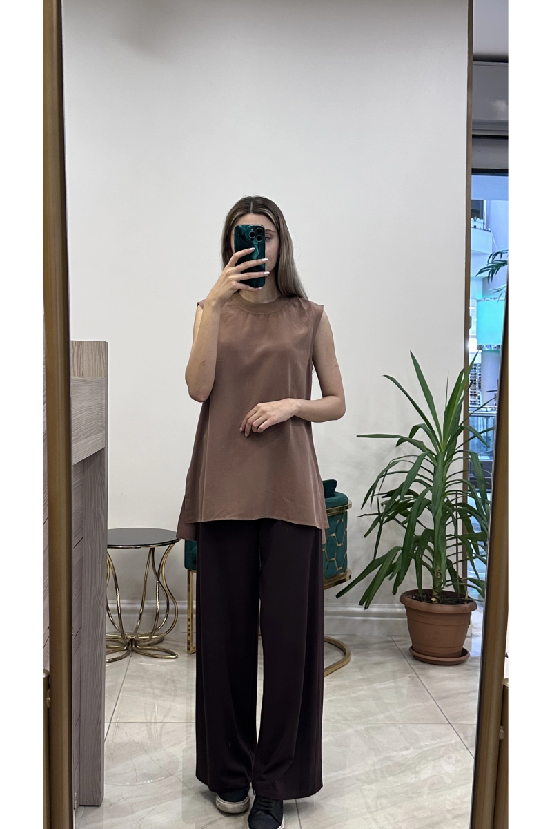 Ceremony 6326 beli lastikli bambu pantolon kahverengi